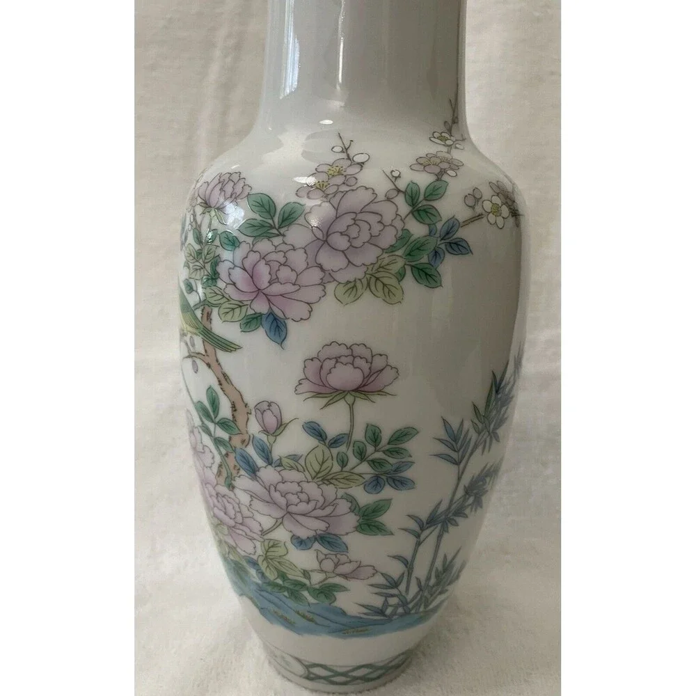 Enesco Vintage 1983 Japan Gold Trimmed Base 10” Green Pink Flowers Birds Blossom